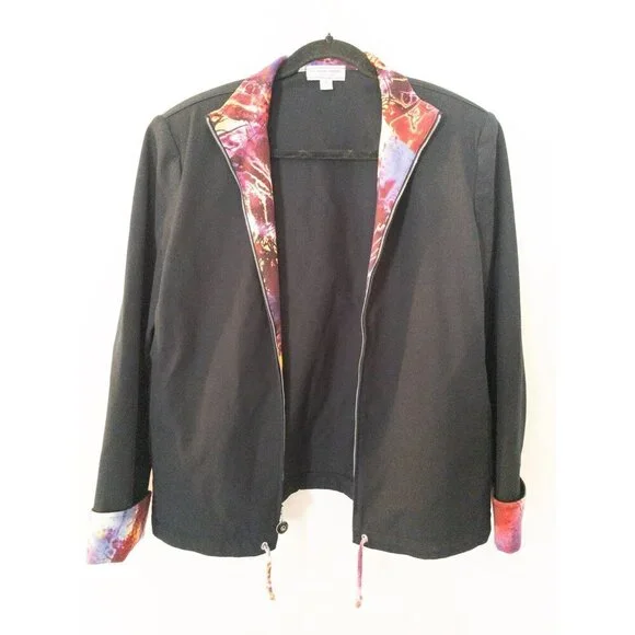 St. John Sport Black Jacket With Vibrant Printed Lining & Adjustable Drawstring - Picture 5 of 15